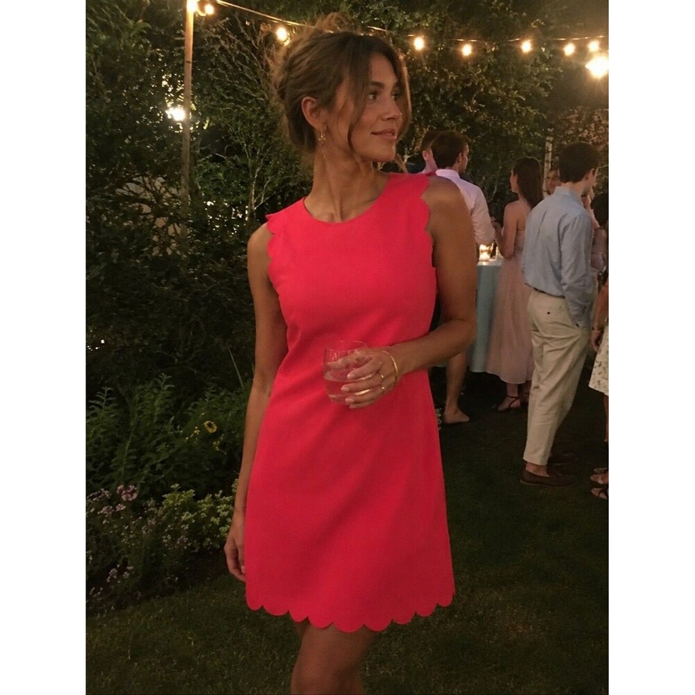Bright Coral pink Poppy J. Crew Scalloped Dress 4 Summer Preppy Coastal Southern